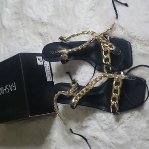 New Black and gold chain sandals with heel.